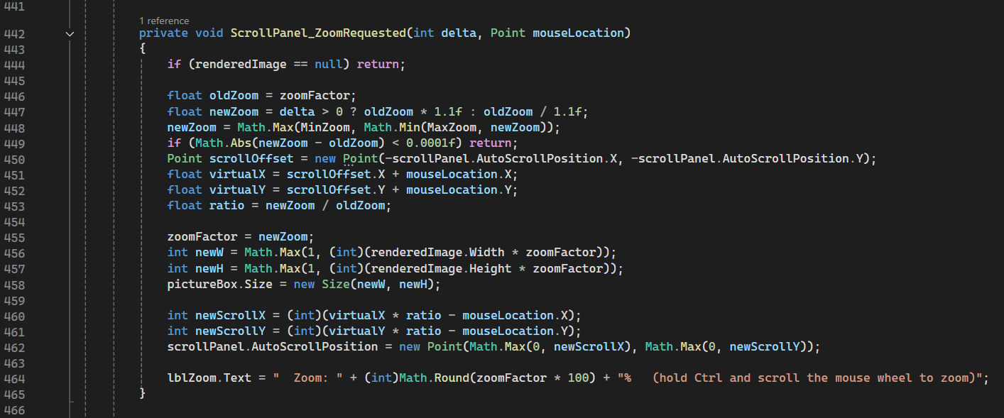 "C# code to zoom in a Windows Forms app, shown in Visual Studio 2022"