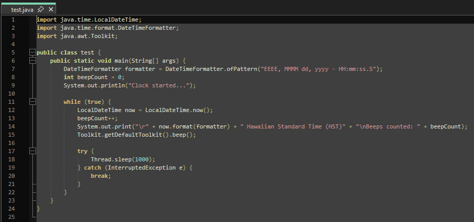 "Java console code to display date + time and beep, shown in Notepad++"